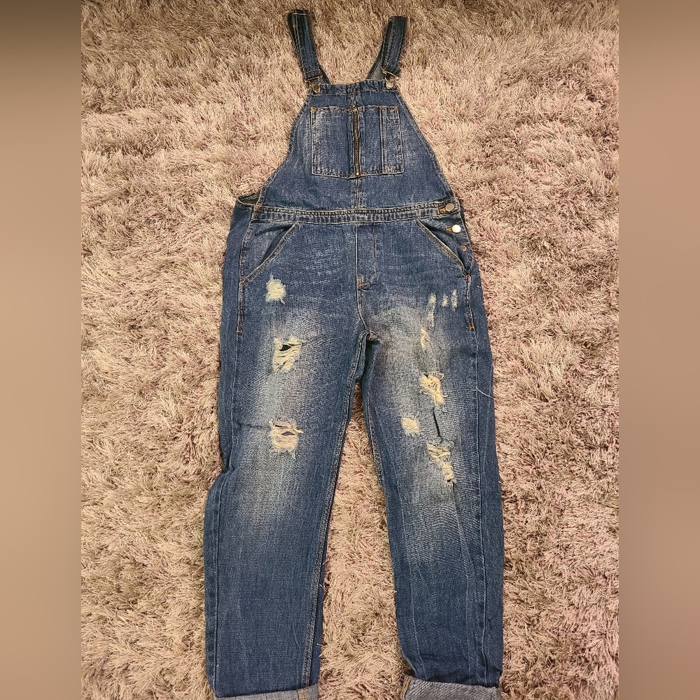 Zara distressed boyfriend denim overalls